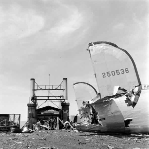 Once cut in pieces, aircraft remnants are moved to the smelter (in the distance)